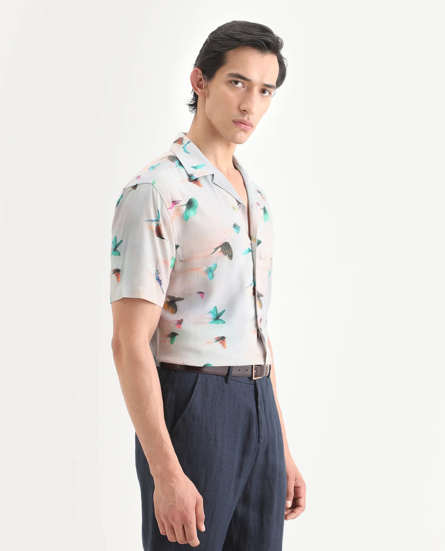 Rare Rabbit Men's Flog Dusky Blue Viscose Fabric Half Sleeve Cuban Collar Regular Fit Floral Print Shirt