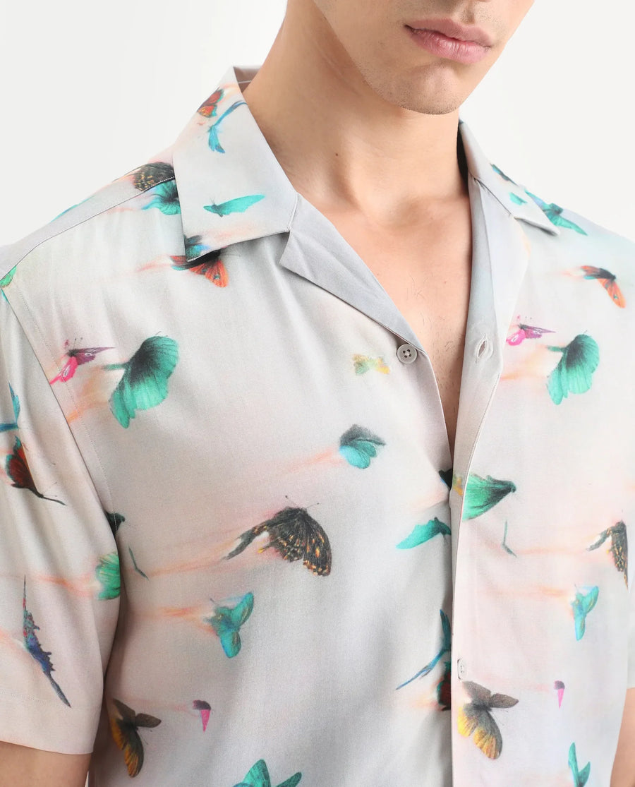 Rare Rabbit Men's Flog Dusky Blue Viscose Fabric Half Sleeve Cuban Collar Regular Fit Floral Print Shirt