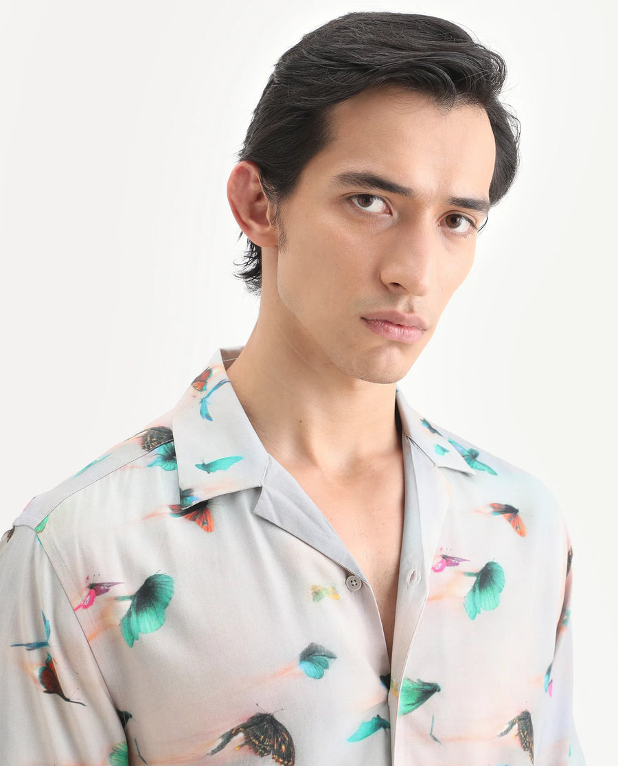 Rare Rabbit Men's Flog Dusky Blue Viscose Fabric Half Sleeve Cuban Collar Regular Fit Floral Print Shirt