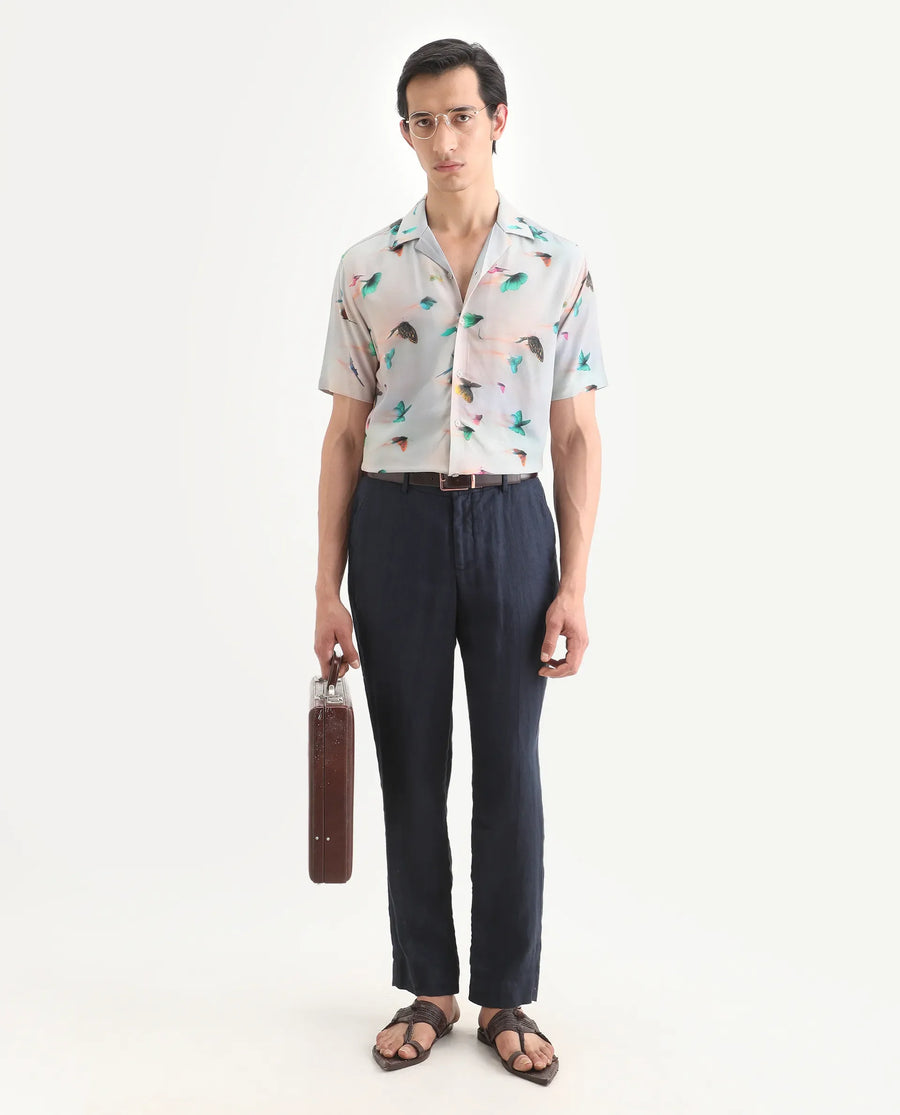 Rare Rabbit Men's Flog Dusky Blue Viscose Fabric Half Sleeve Cuban Collar Regular Fit Floral Print Shirt