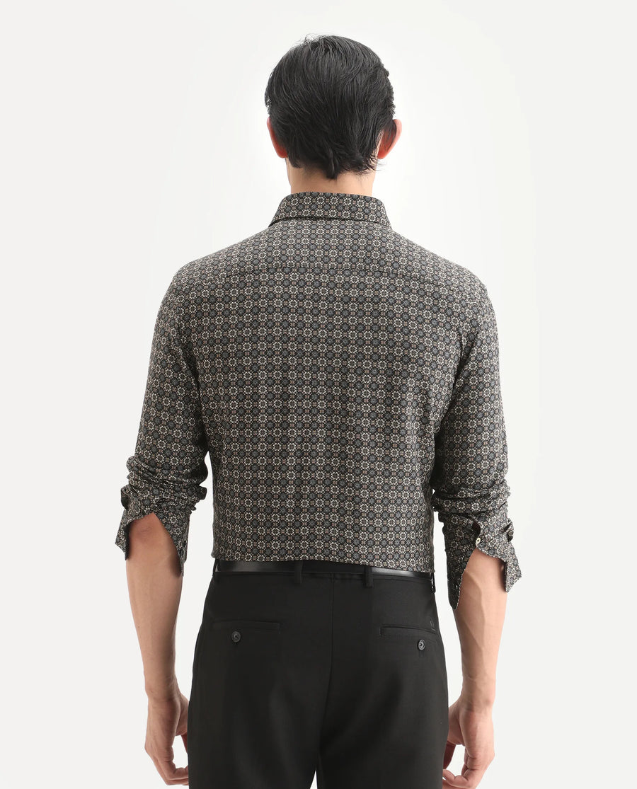 Rare Rabbit Men's Cazn Black Viscose Fabric Full Sleeve Spread Collar Regular Fit Geometric Print Shirt