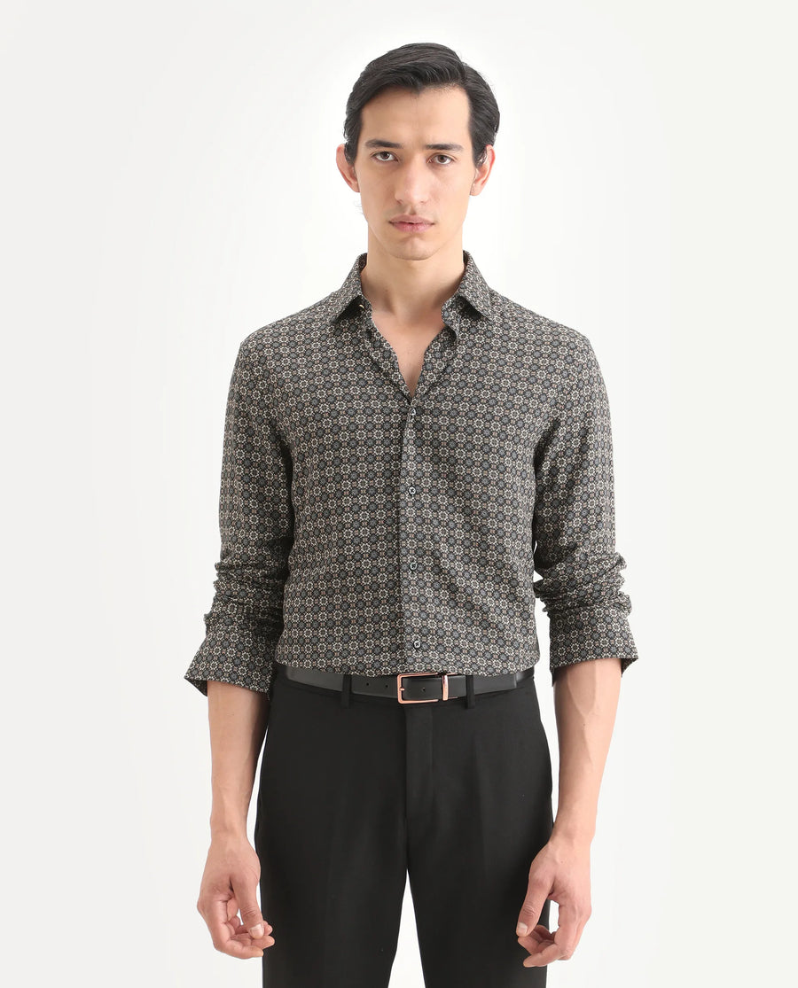 Rare Rabbit Men's Cazn Black Viscose Fabric Full Sleeve Spread Collar Regular Fit Geometric Print Shirt