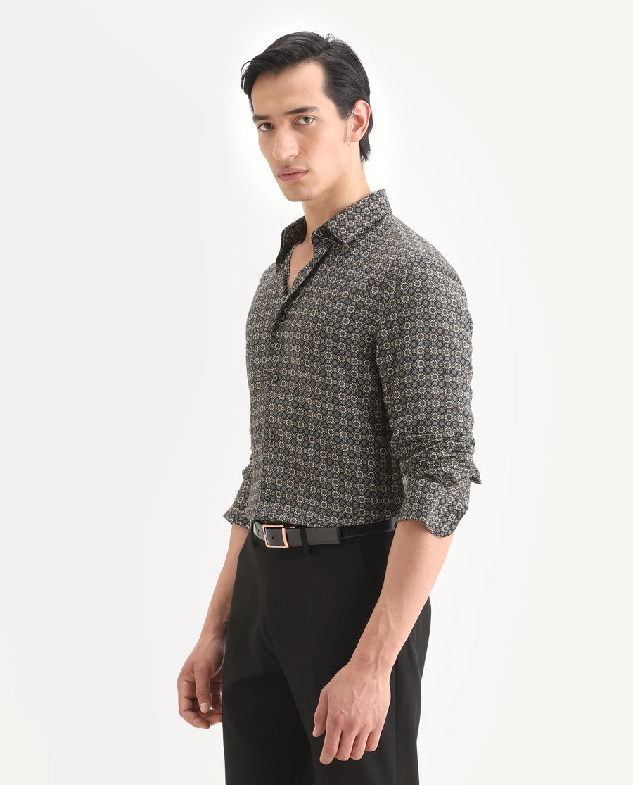 Rare Rabbit Men's Cazn Black Viscose Fabric Full Sleeve Spread Collar Regular Fit Geometric Print Shirt