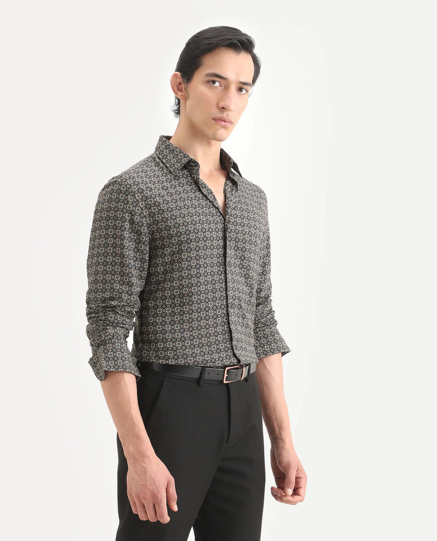 Rare Rabbit Men's Cazn Black Viscose Fabric Full Sleeve Spread Collar Regular Fit Geometric Print Shirt