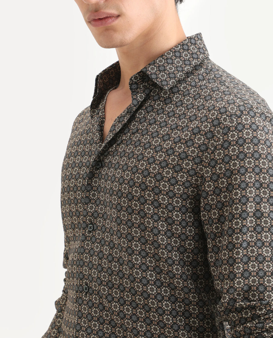 Rare Rabbit Men's Cazn Black Viscose Fabric Full Sleeve Spread Collar Regular Fit Geometric Print Shirt