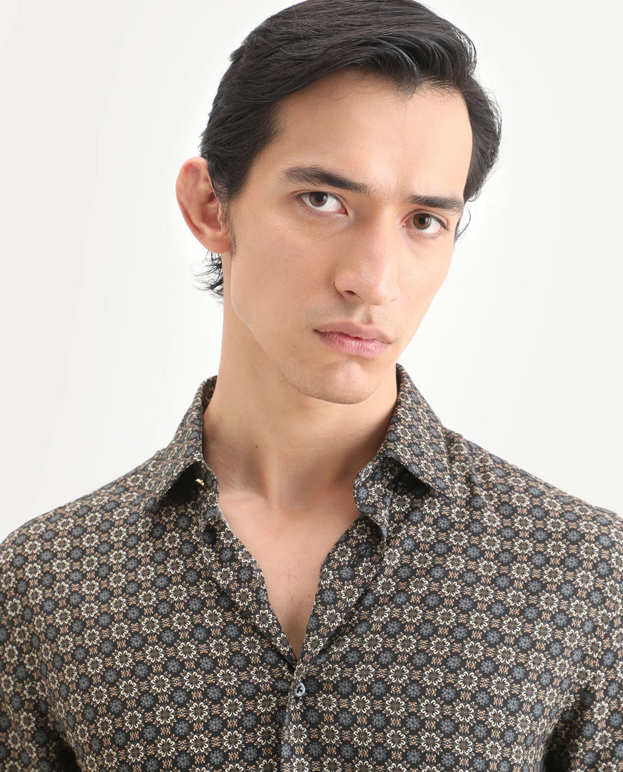 Rare Rabbit Men's Cazn Black Viscose Fabric Full Sleeve Spread Collar Regular Fit Geometric Print Shirt
