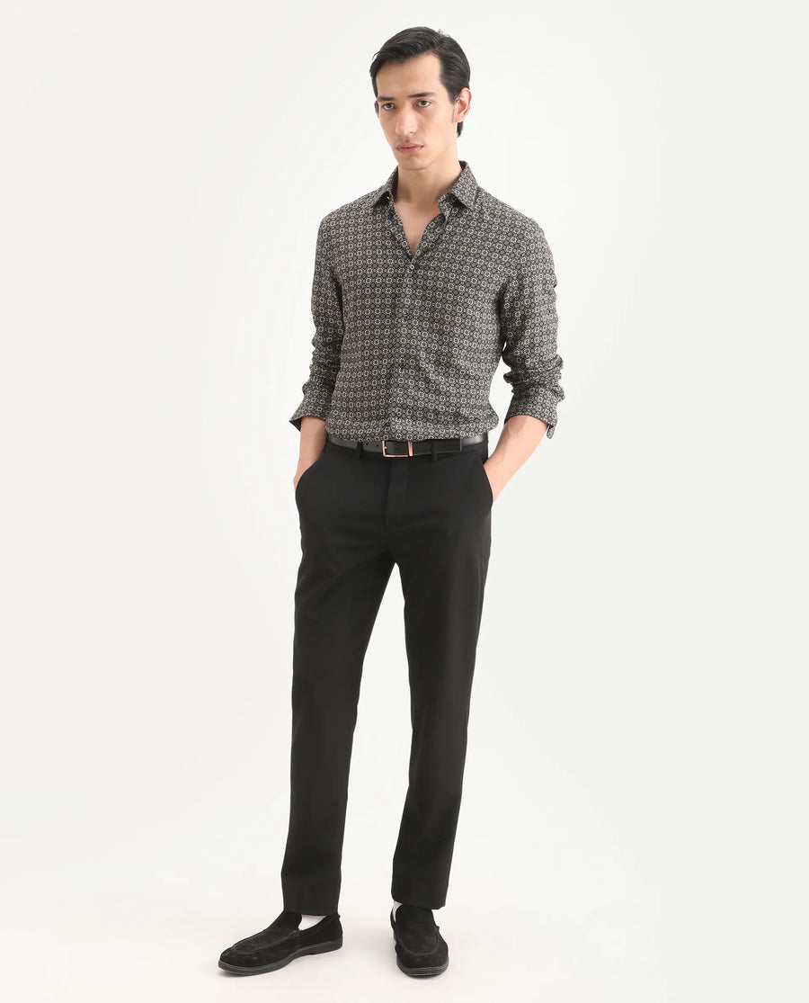 Rare Rabbit Men's Cazn Black Viscose Fabric Full Sleeve Spread Collar Regular Fit Geometric Print Shirt