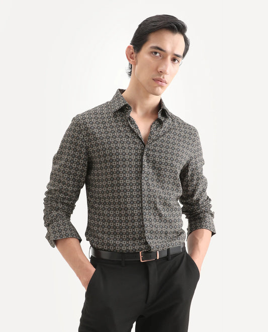 Rare Rabbit Men's Cazn Black Viscose Fabric Full Sleeve Spread Collar Regular Fit Geometric Print Shirt