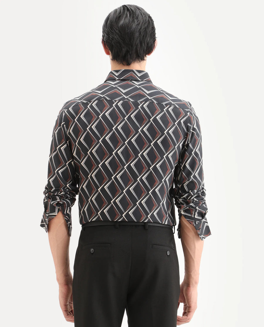 Rare Rabbit Men's Hurn Black Viscose Fabric Full Sleeve Spread Collar Regular Fit Geometric Print Shirt