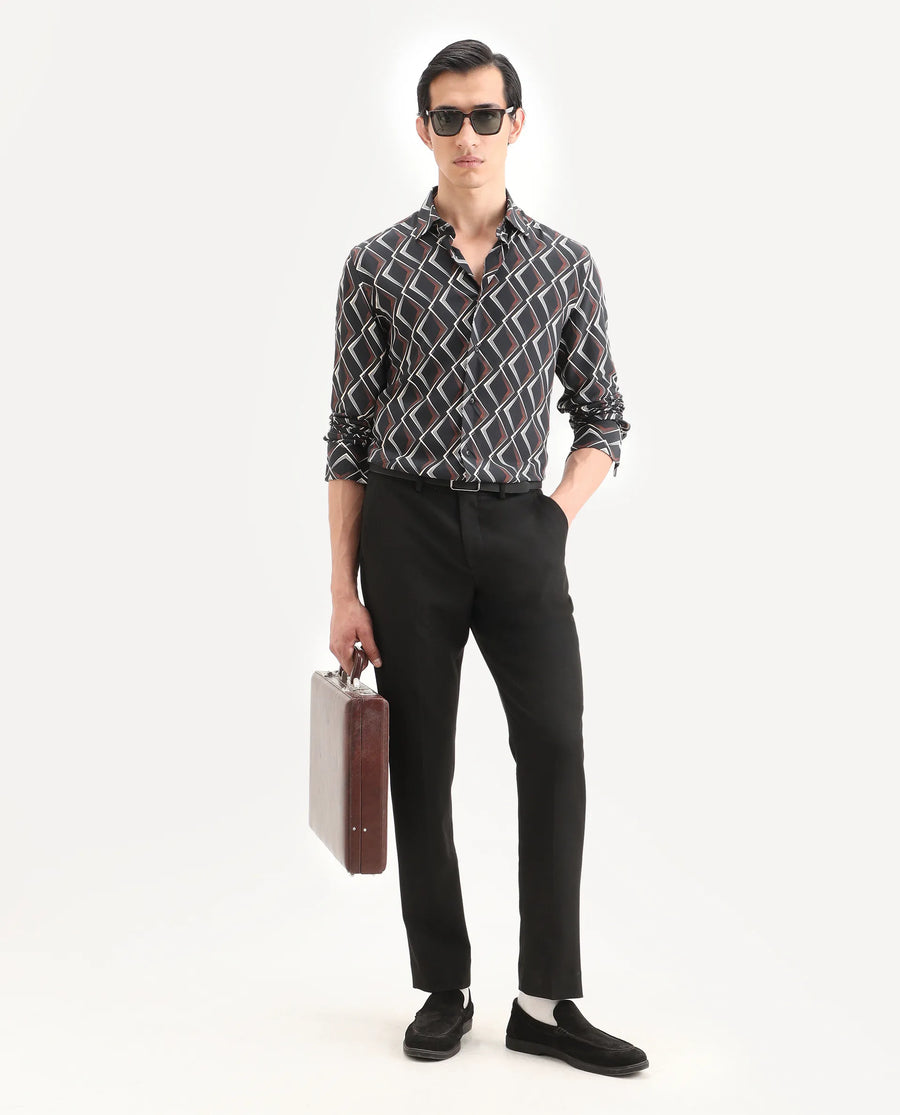 Rare Rabbit Men's Hurn Black Viscose Fabric Full Sleeve Spread Collar Regular Fit Geometric Print Shirt