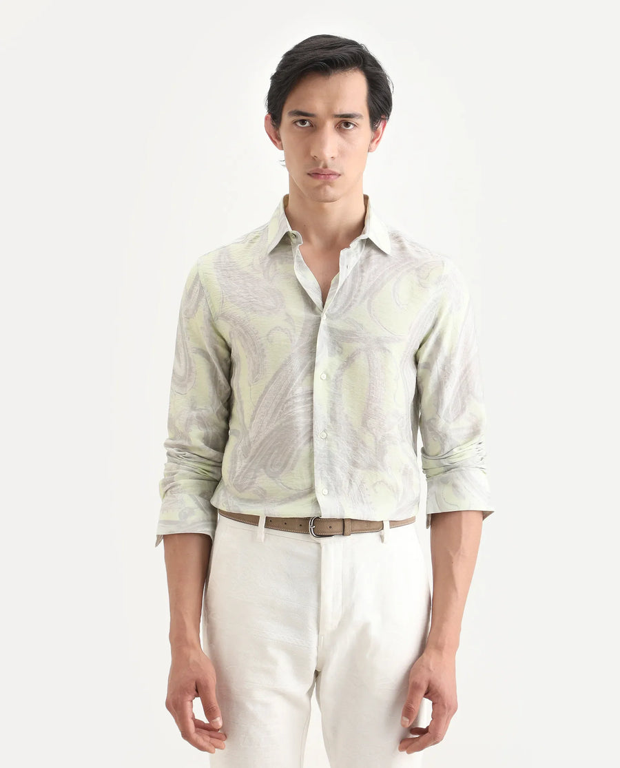 Rare Rabbit Men's Neo Pastel Green Viscose Blend Fabric Full Sleeve Spread Collar Regular Fit Paisley Print Shirt