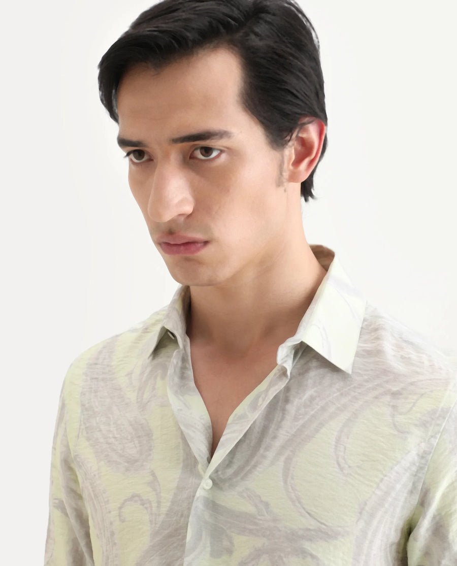 Rare Rabbit Men's Neo Pastel Green Viscose Blend Fabric Full Sleeve Spread Collar Regular Fit Paisley Print Shirt