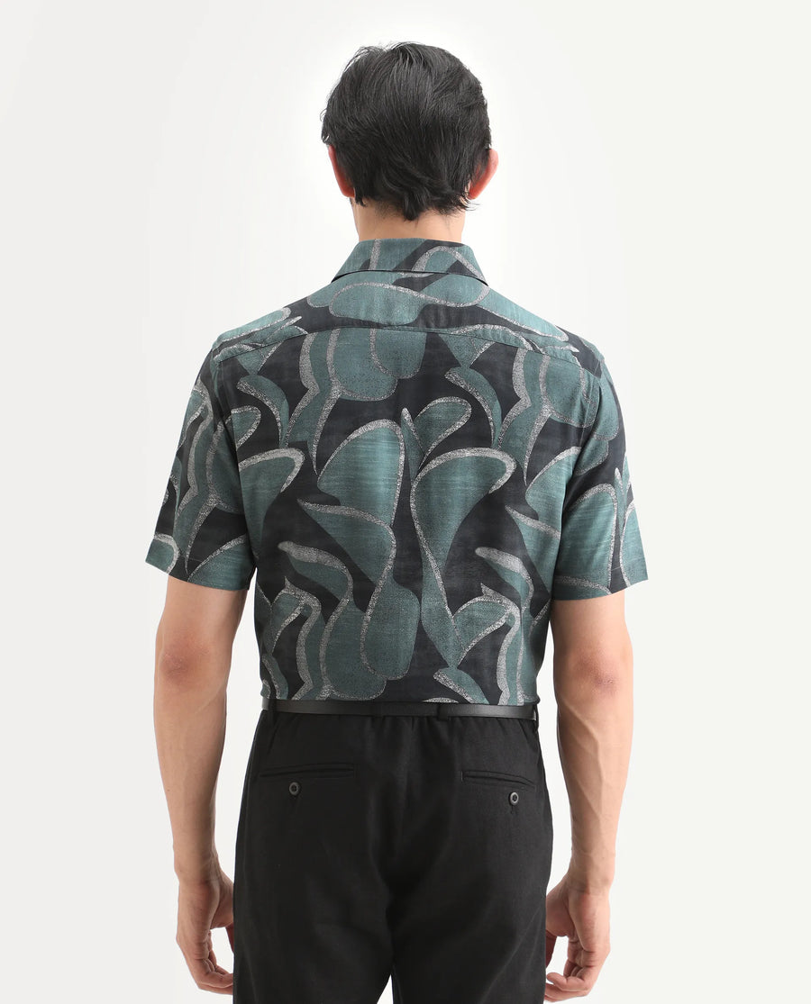 Rare Rabbit Men's Jorp Dusky Green Viscose Fabric Half Sleeve Spread Collar Regular Fit Abstract Print Shirt