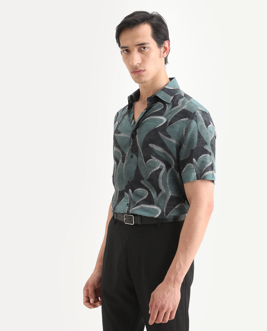 Rare Rabbit Men's Jorp Dusky Green Viscose Fabric Half Sleeve Spread Collar Regular Fit Abstract Print Shirt
