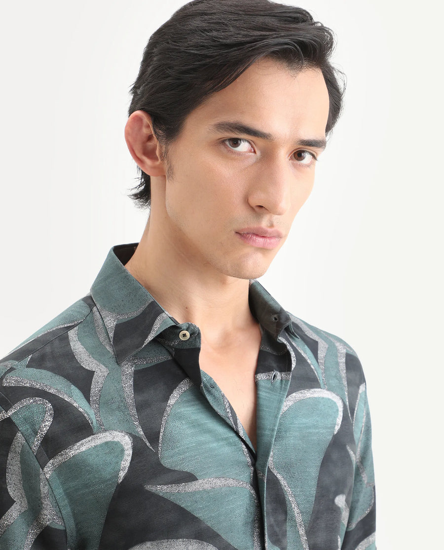 Rare Rabbit Men's Jorp Dusky Green Viscose Fabric Half Sleeve Spread Collar Regular Fit Abstract Print Shirt