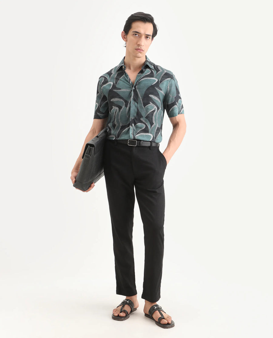 Rare Rabbit Men's Jorp Dusky Green Viscose Fabric Half Sleeve Spread Collar Regular Fit Abstract Print Shirt