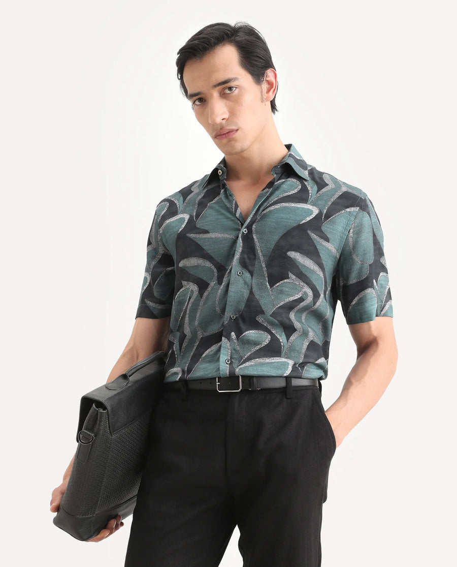 Rare Rabbit Men's Jorp Dusky Green Viscose Fabric Half Sleeve Spread Collar Regular Fit Abstract Print Shirt