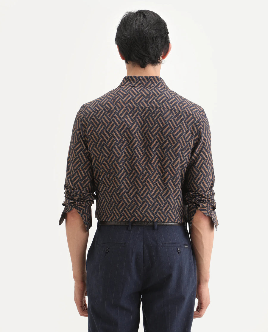 Rare Rabbit Men's Moto Dusky Navy Viscose Fabric Full Sleeve Spread Collar Regular Fit Geometric Print Shirt