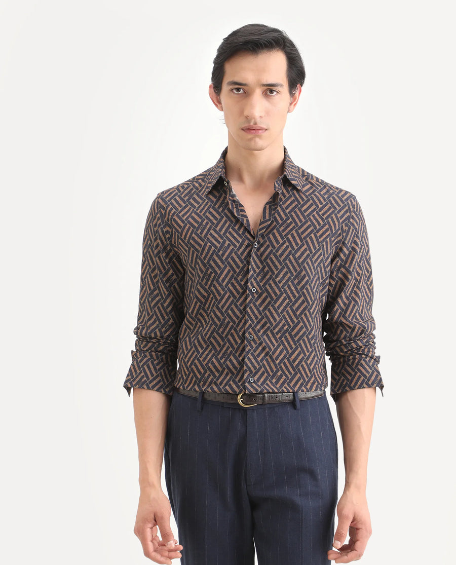 Rare Rabbit Men's Moto Dusky Navy Viscose Fabric Full Sleeve Spread Collar Regular Fit Geometric Print Shirt
