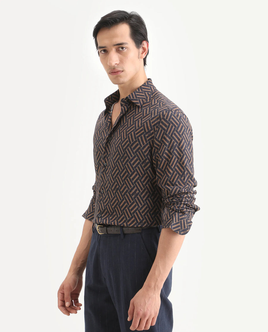 Rare Rabbit Men's Moto Dusky Navy Viscose Fabric Full Sleeve Spread Collar Regular Fit Geometric Print Shirt