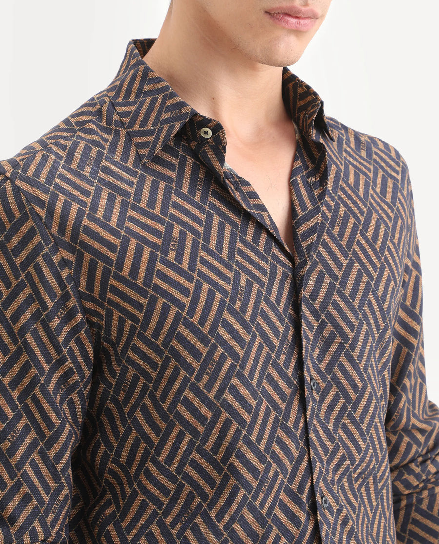 Rare Rabbit Men's Moto Dusky Navy Viscose Fabric Full Sleeve Spread Collar Regular Fit Geometric Print Shirt