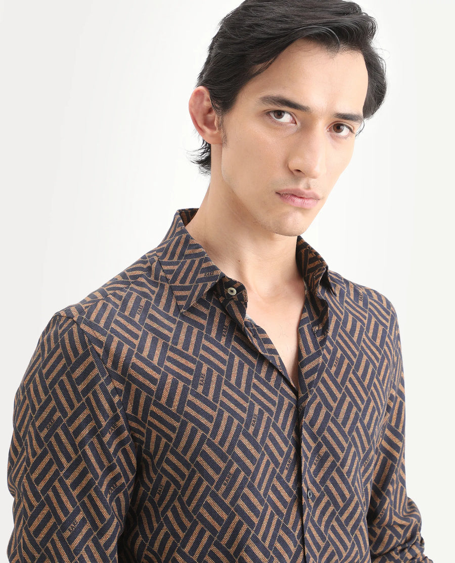 Rare Rabbit Men's Moto Dusky Navy Viscose Fabric Full Sleeve Spread Collar Regular Fit Geometric Print Shirt