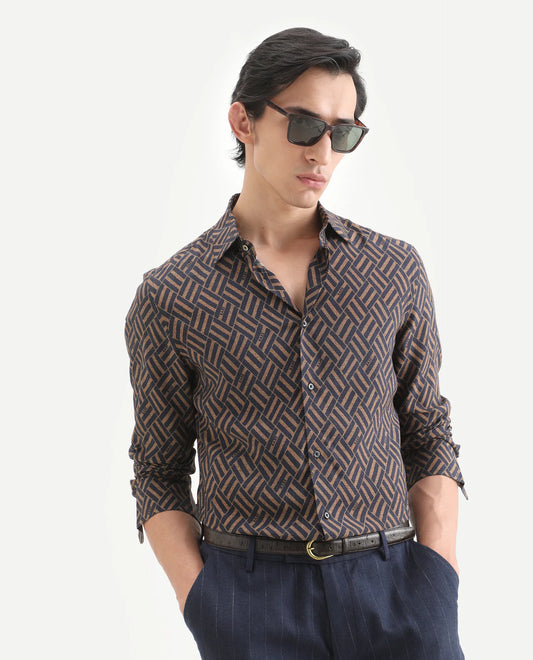 Rare Rabbit Men's Moto Dusky Navy Viscose Fabric Full Sleeve Spread Collar Regular Fit Geometric Print Shirt