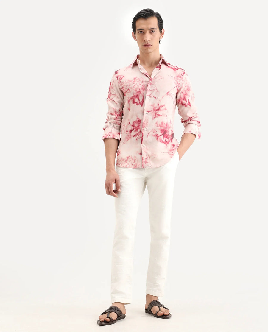 Rare Rabbit Men's Cuvn Dusky Pink Linen Blend Fabric Full Sleeve Spread Collar Regular Fit Floral Print Shirt