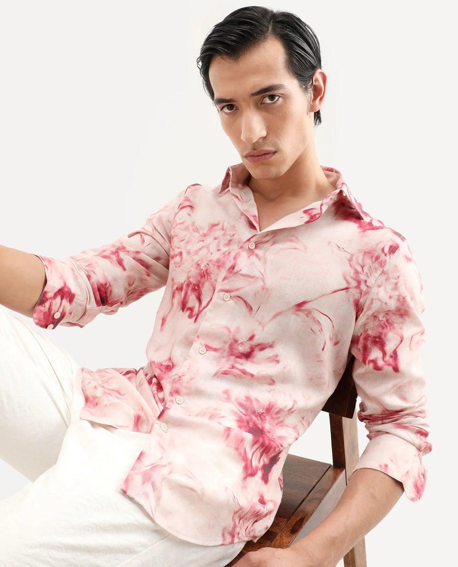 Rare Rabbit Men's Cuvn Dusky Pink Linen Blend Fabric Full Sleeve Spread Collar Regular Fit Floral Print Shirt