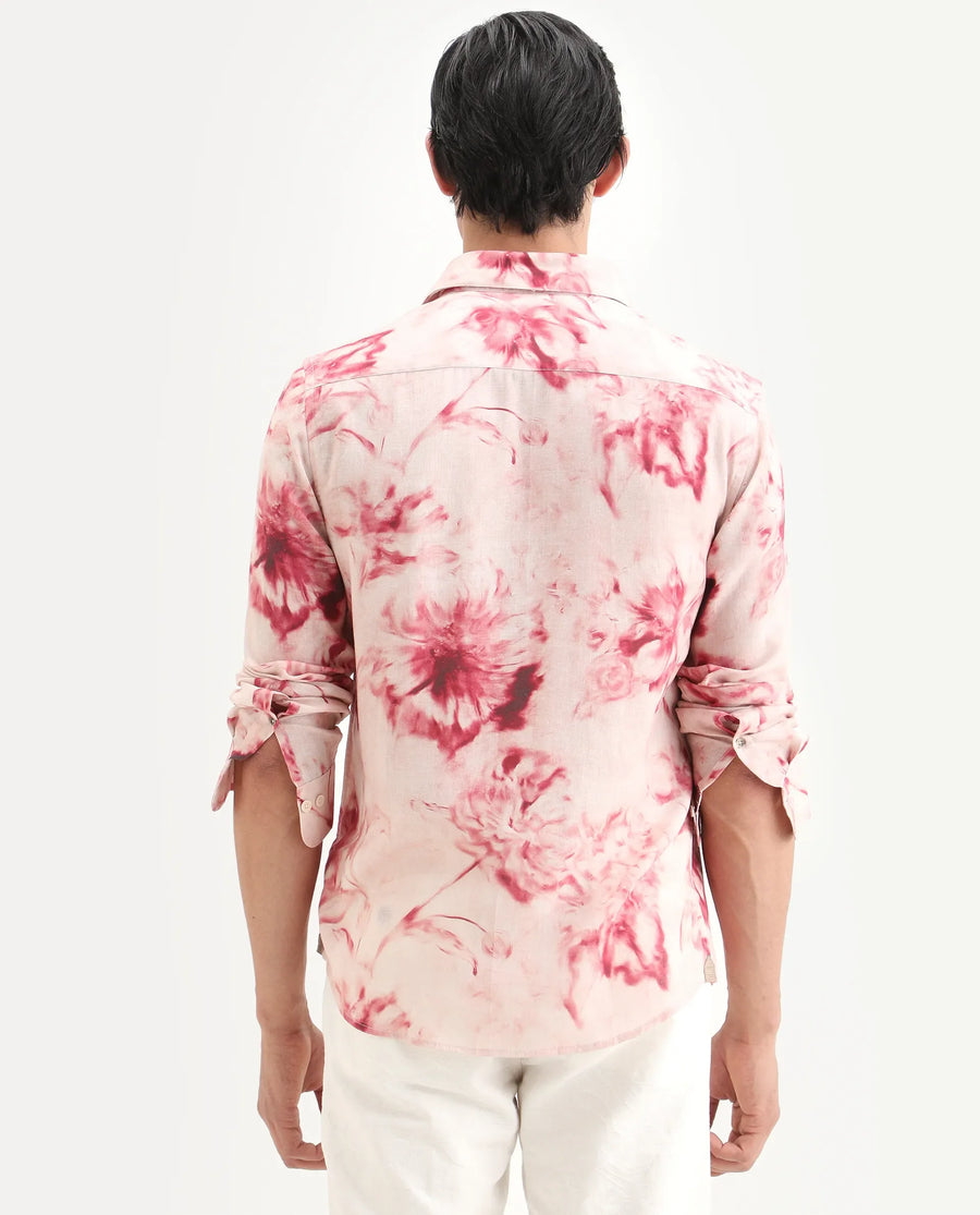 Rare Rabbit Men's Cuvn Dusky Pink Linen Blend Fabric Full Sleeve Spread Collar Regular Fit Floral Print Shirt