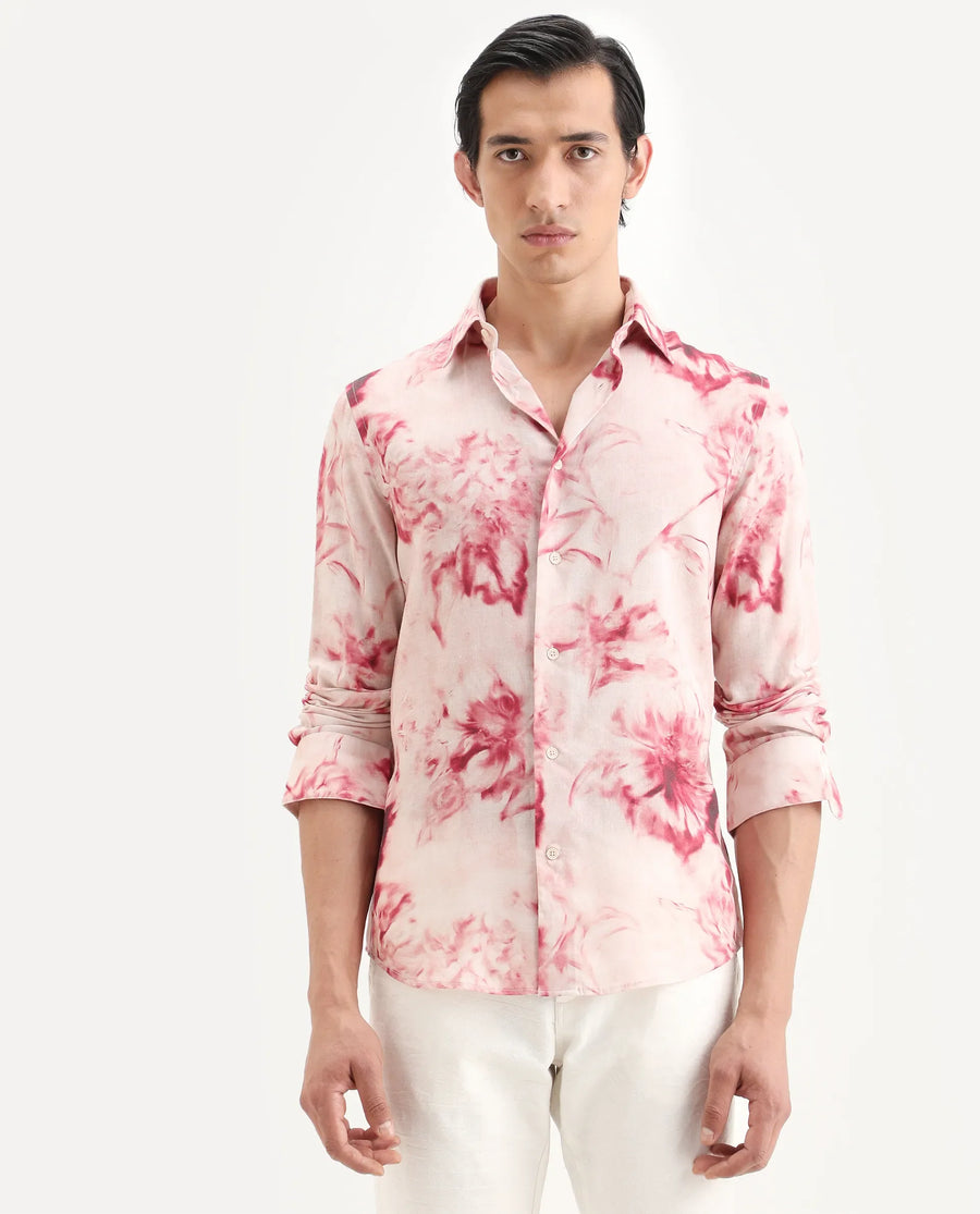 Rare Rabbit Men's Cuvn Dusky Pink Linen Blend Fabric Full Sleeve Spread Collar Regular Fit Floral Print Shirt