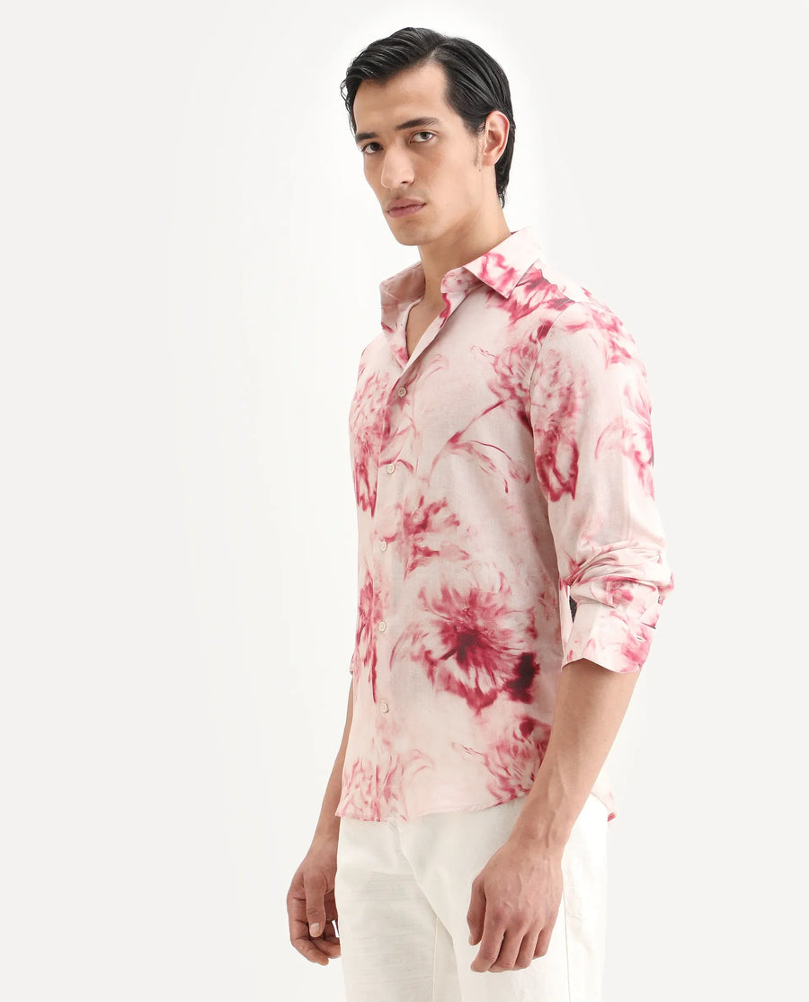 Rare Rabbit Men's Cuvn Dusky Pink Linen Blend Fabric Full Sleeve Spread Collar Regular Fit Floral Print Shirt