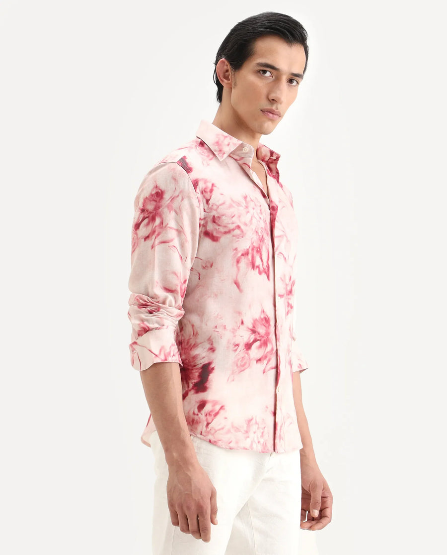 Rare Rabbit Men's Cuvn Dusky Pink Linen Blend Fabric Full Sleeve Spread Collar Regular Fit Floral Print Shirt