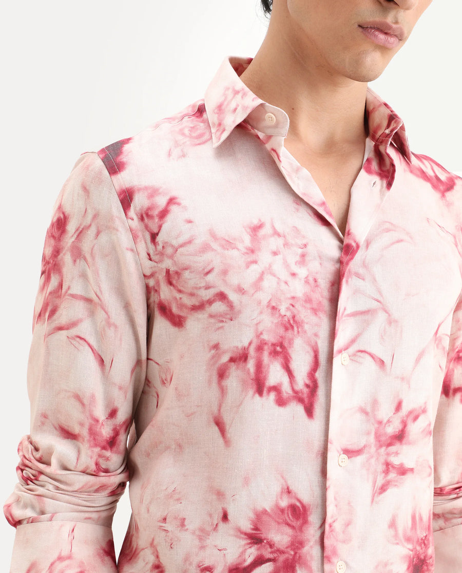Rare Rabbit Men's Cuvn Dusky Pink Linen Blend Fabric Full Sleeve Spread Collar Regular Fit Floral Print Shirt