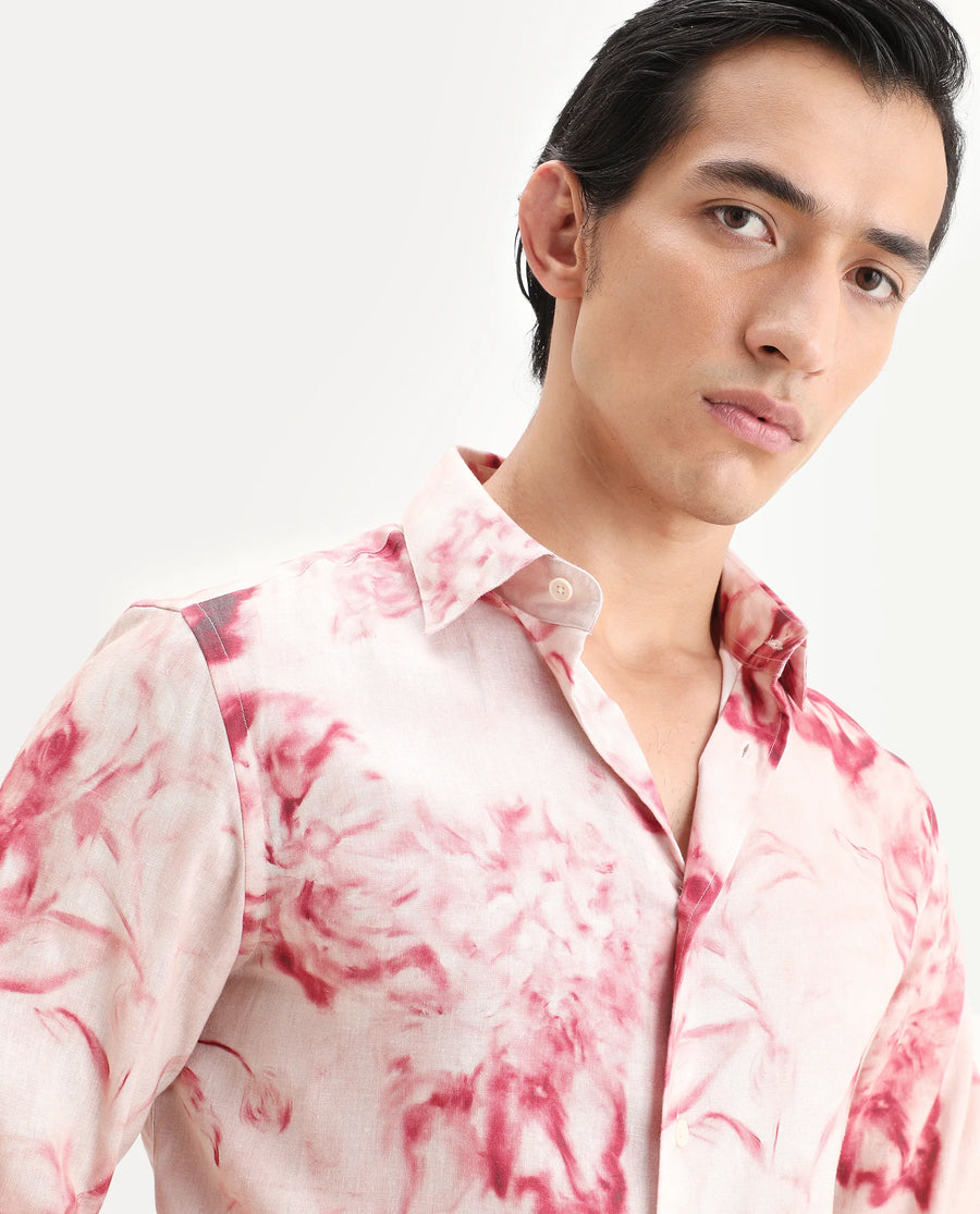 Rare Rabbit Men's Cuvn Dusky Pink Linen Blend Fabric Full Sleeve Spread Collar Regular Fit Floral Print Shirt