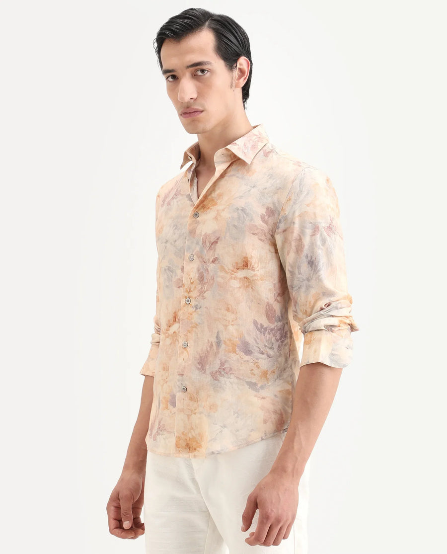 Rare Rabbit Men's Wolo Beige Linen Blend Fabric Full Sleeve Spread Collar Regular Fit Floral Print Shirt