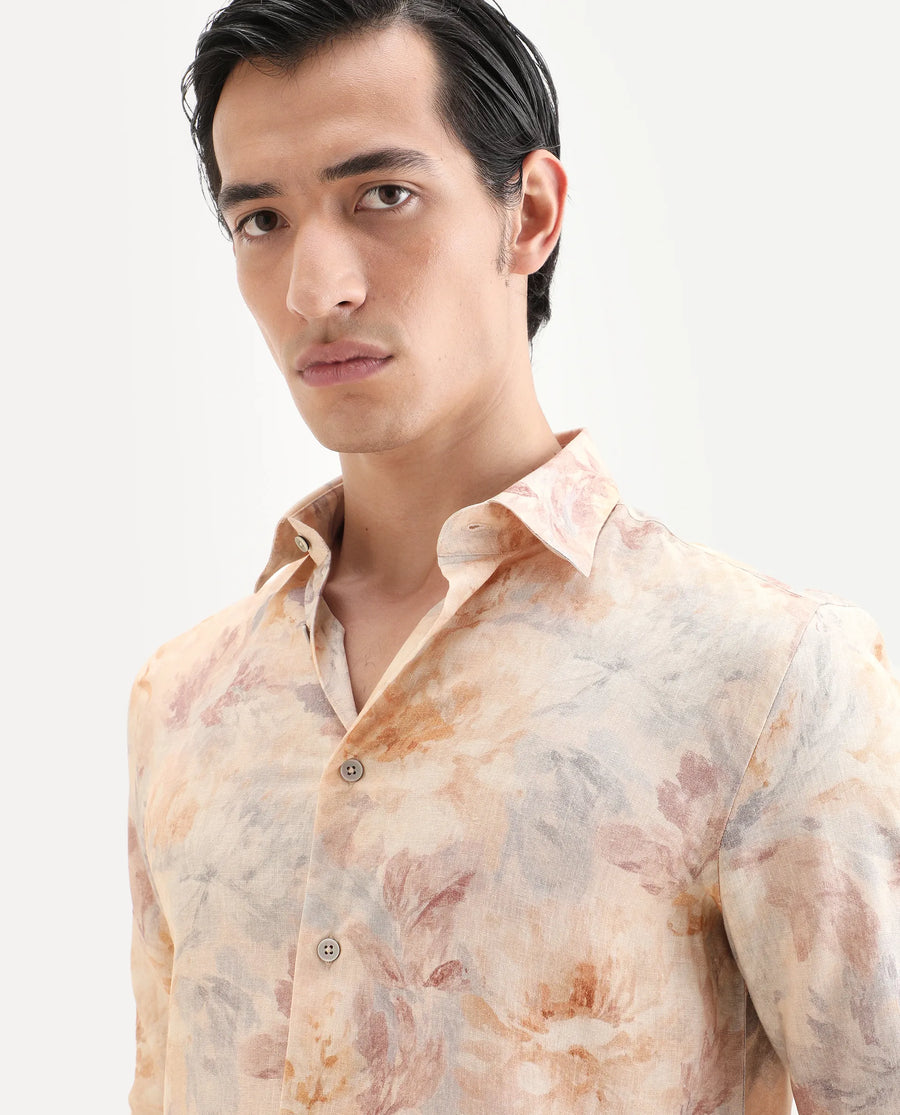 Rare Rabbit Men's Wolo Beige Linen Blend Fabric Full Sleeve Spread Collar Regular Fit Floral Print Shirt