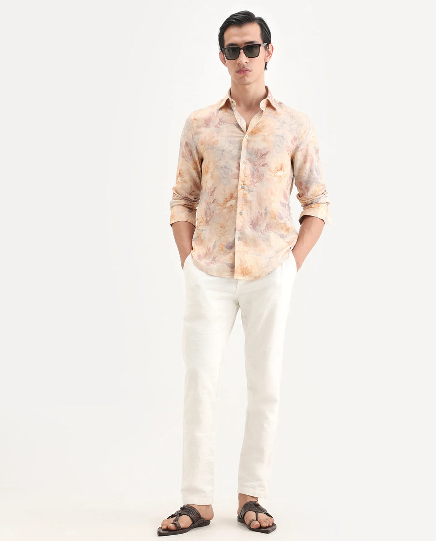 Rare Rabbit Men's Wolo Beige Linen Blend Fabric Full Sleeve Spread Collar Regular Fit Floral Print Shirt