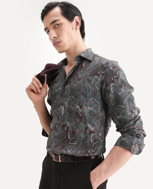 Rare Rabbit Men's Reva Dusky Grey Viscose Fabric Full Sleeve Spread Collar Regular Fit Paisley Print Shirt