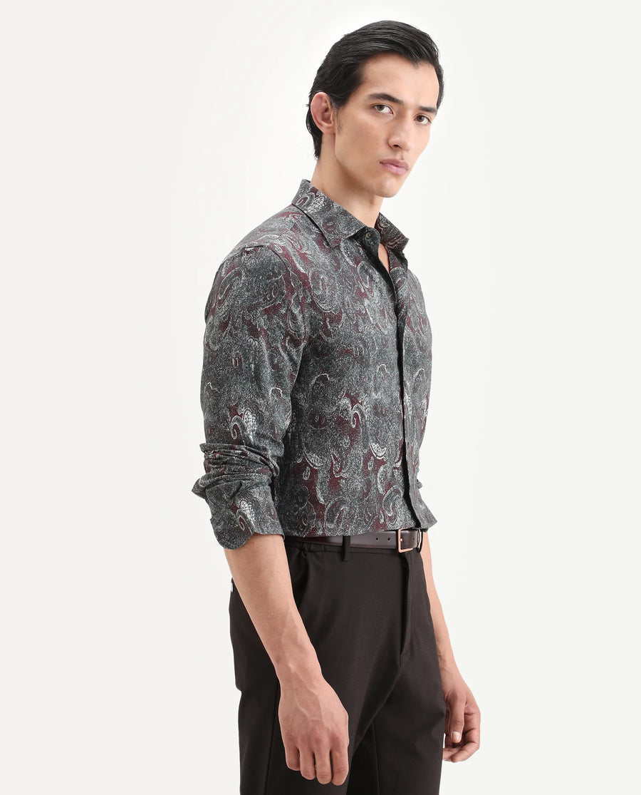Rare Rabbit Men's Reva Dusky Grey Viscose Fabric Full Sleeve Spread Collar Regular Fit Paisley Print Shirt