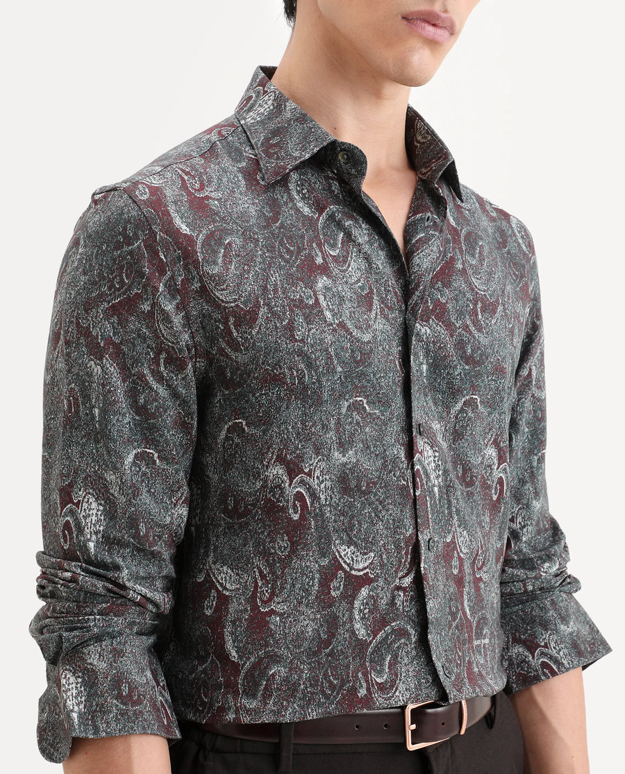 Rare Rabbit Men's Reva Dusky Grey Viscose Fabric Full Sleeve Spread Collar Regular Fit Paisley Print Shirt