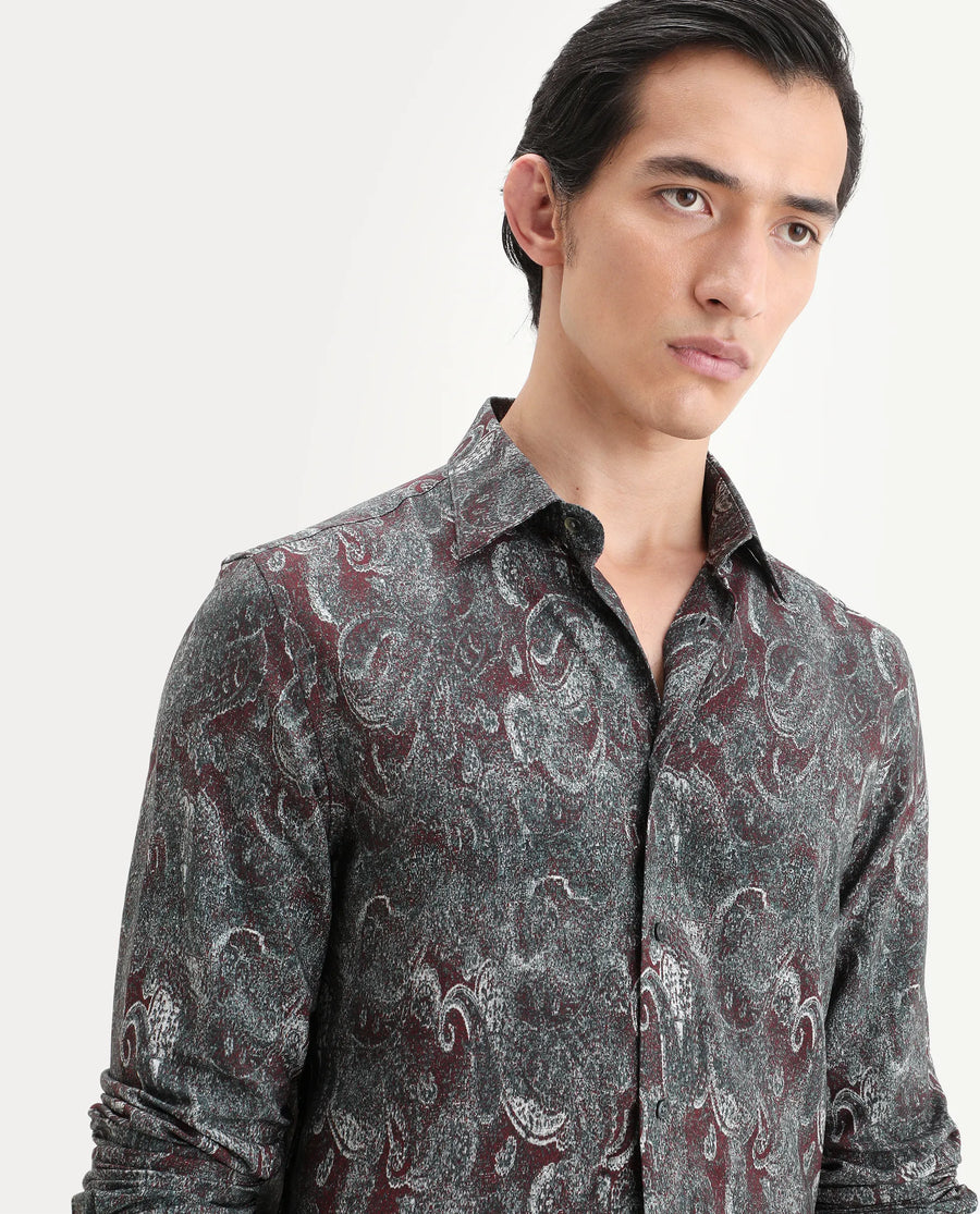 Rare Rabbit Men's Reva Dusky Grey Viscose Fabric Full Sleeve Spread Collar Regular Fit Paisley Print Shirt