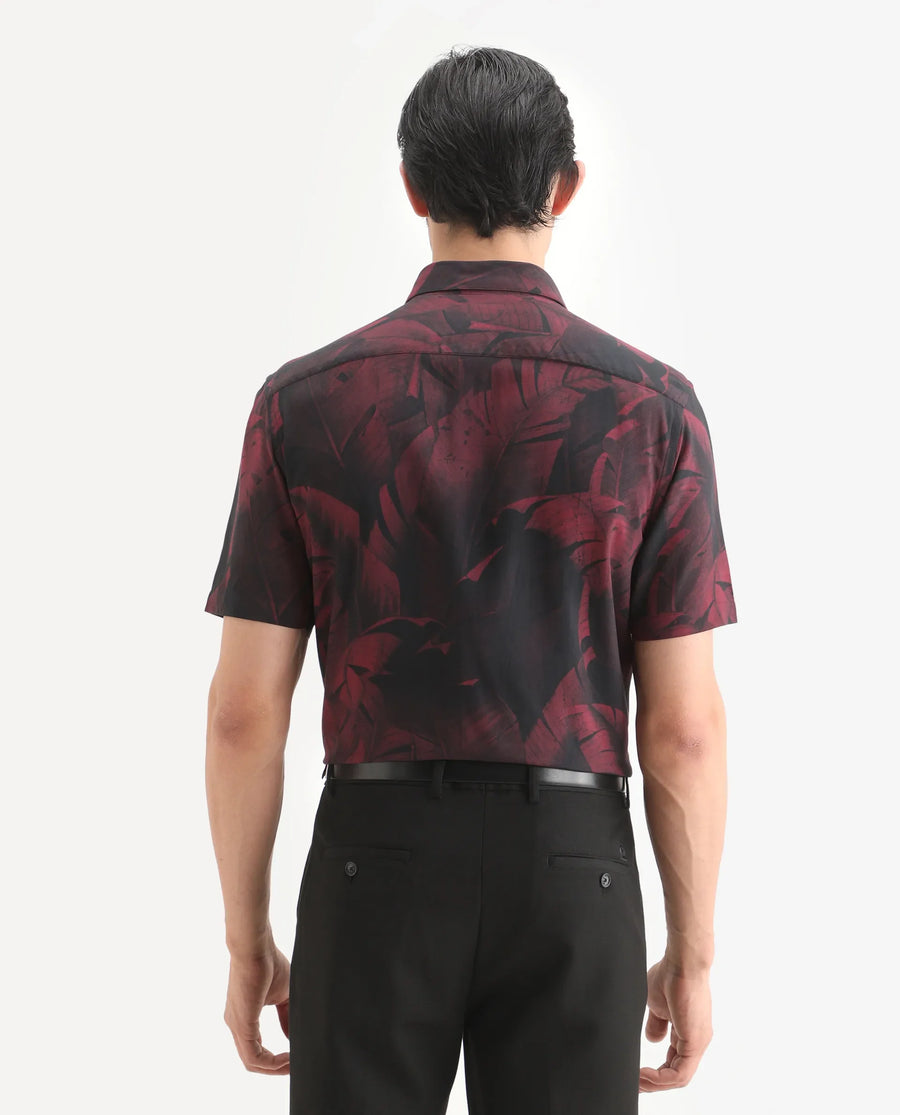 Rare Rabbit Men's Omra Dusky Red Viscose Fabric Half Sleeve Spread Collar Regular Fit Tropical Print Shirt