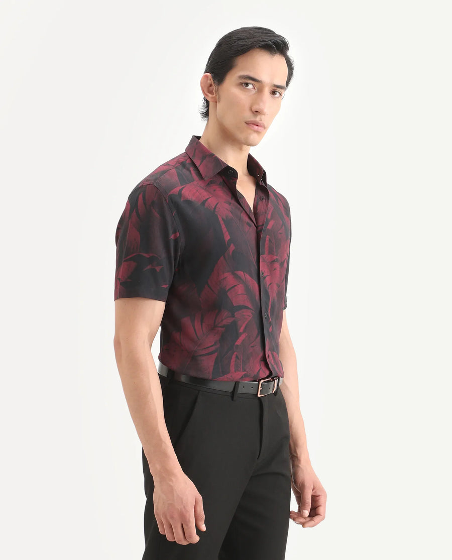 Rare Rabbit Men's Omra Dusky Red Viscose Fabric Half Sleeve Spread Collar Regular Fit Tropical Print Shirt