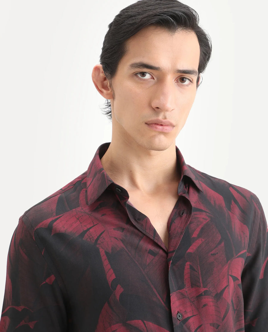 Rare Rabbit Men's Omra Dusky Red Viscose Fabric Half Sleeve Spread Collar Regular Fit Tropical Print Shirt
