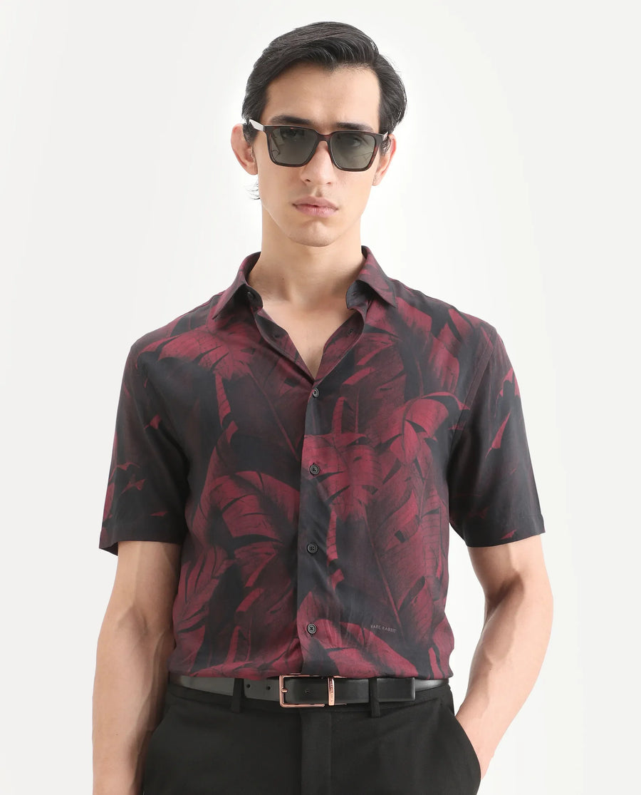 Rare Rabbit Men's Omra Dusky Red Viscose Fabric Half Sleeve Spread Collar Regular Fit Tropical Print Shirt