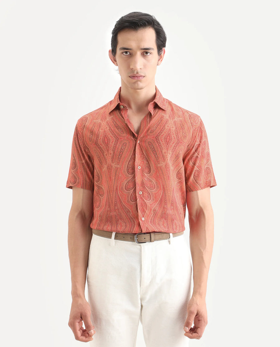 Rare Rabbit Men's Kian Red Viscose Fabric Half Sleeve Spread Collar Regular Fit Paisley Print Shirt