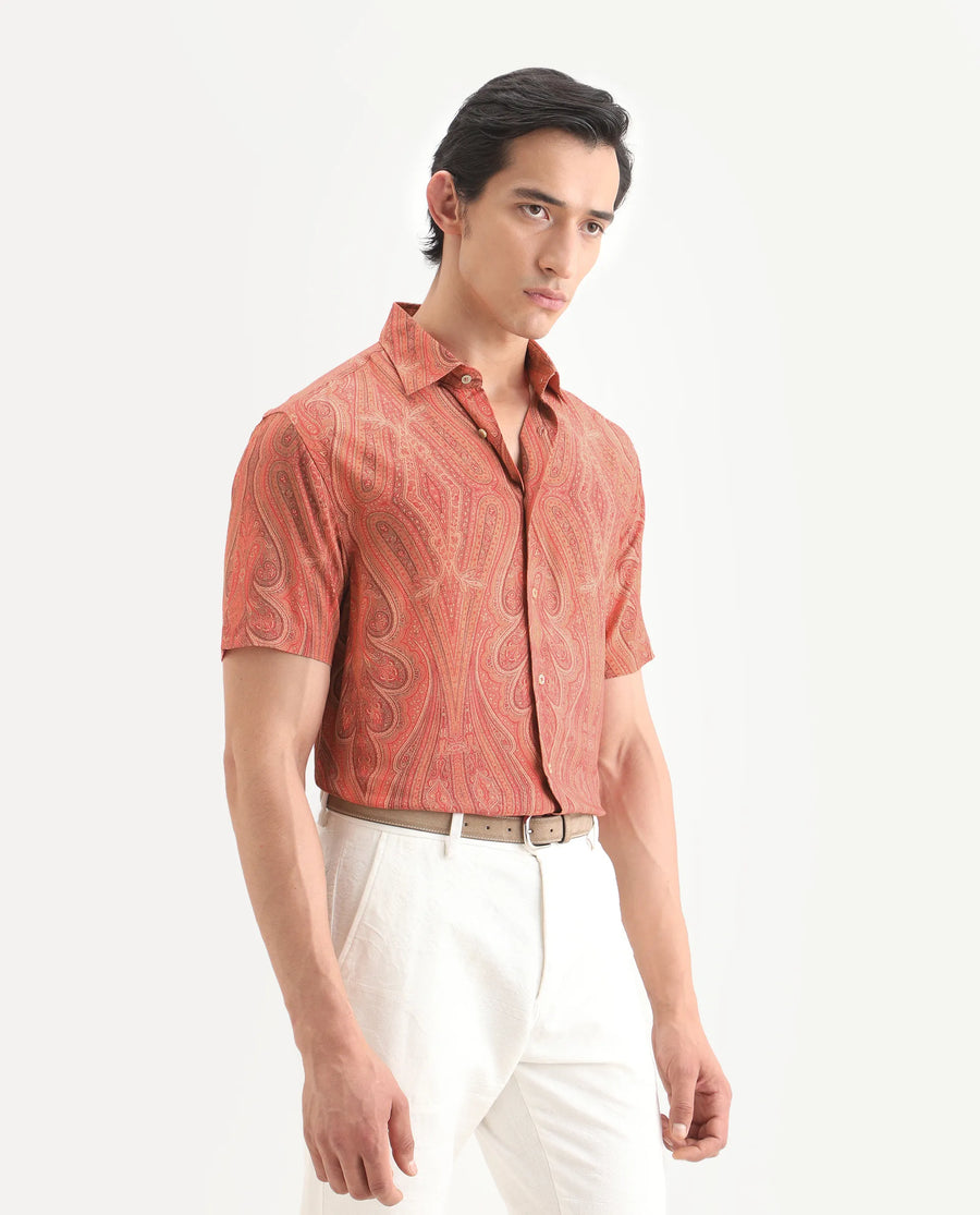 Rare Rabbit Men's Kian Red Viscose Fabric Half Sleeve Spread Collar Regular Fit Paisley Print Shirt