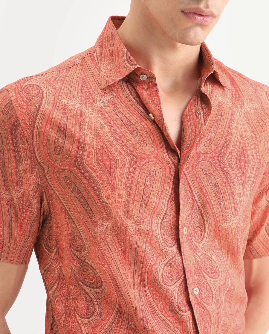 Rare Rabbit Men's Kian Red Viscose Fabric Half Sleeve Spread Collar Regular Fit Paisley Print Shirt