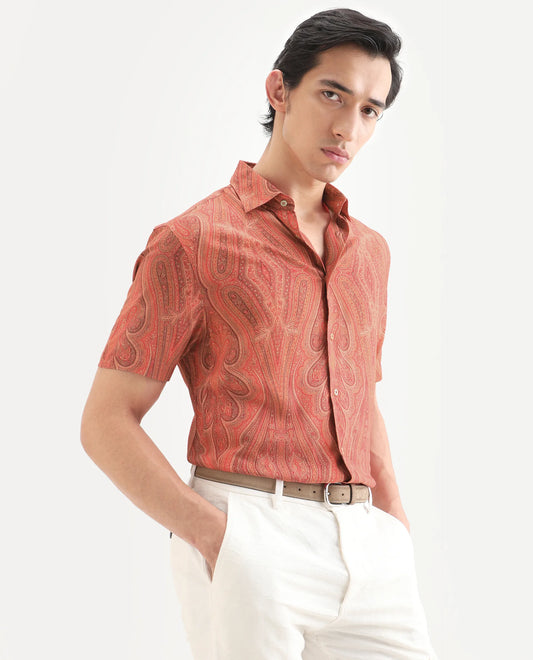 Rare Rabbit Men's Kian Red Viscose Fabric Half Sleeve Spread Collar Regular Fit Paisley Print Shirt